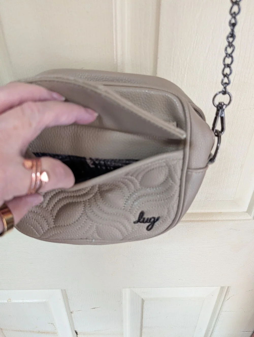 lug Pebbled Quilted Crossbody Bag in Taupe